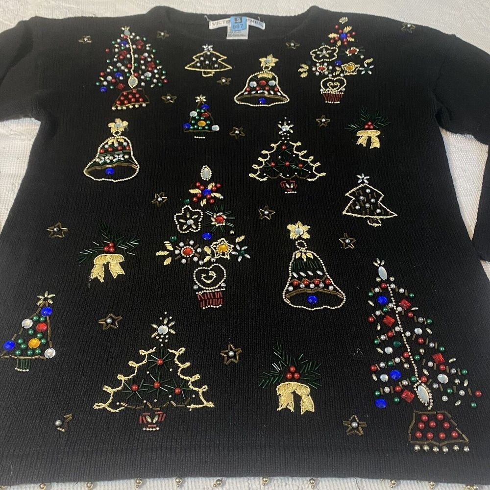 Victoria Jones Sweater Women Sz L Beaded Designer Find Christmas Holiday Attire